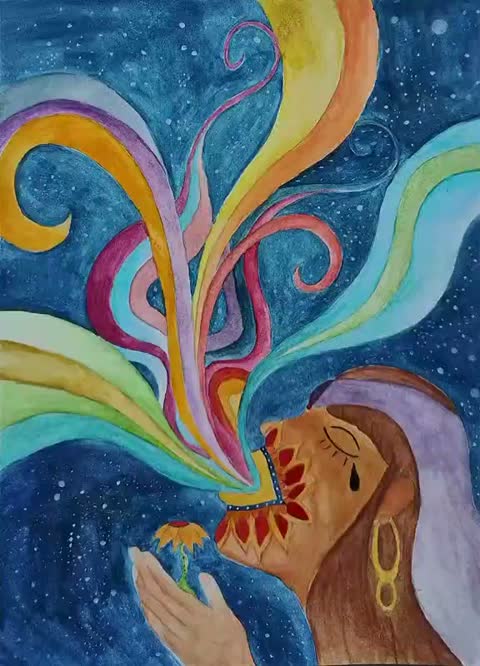 Issa’s painting of a woman singing flowing ribbons of colour into a starry blue sky